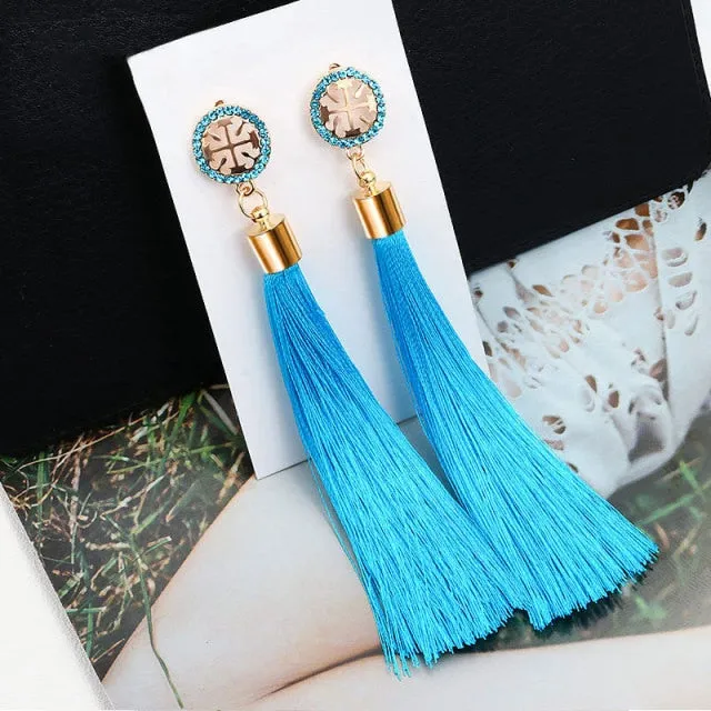 Fashion Bohemian Tassel Crystal Long Earrings Black Red Silk Fabric Drop Dangle Tassel Earrings For Women