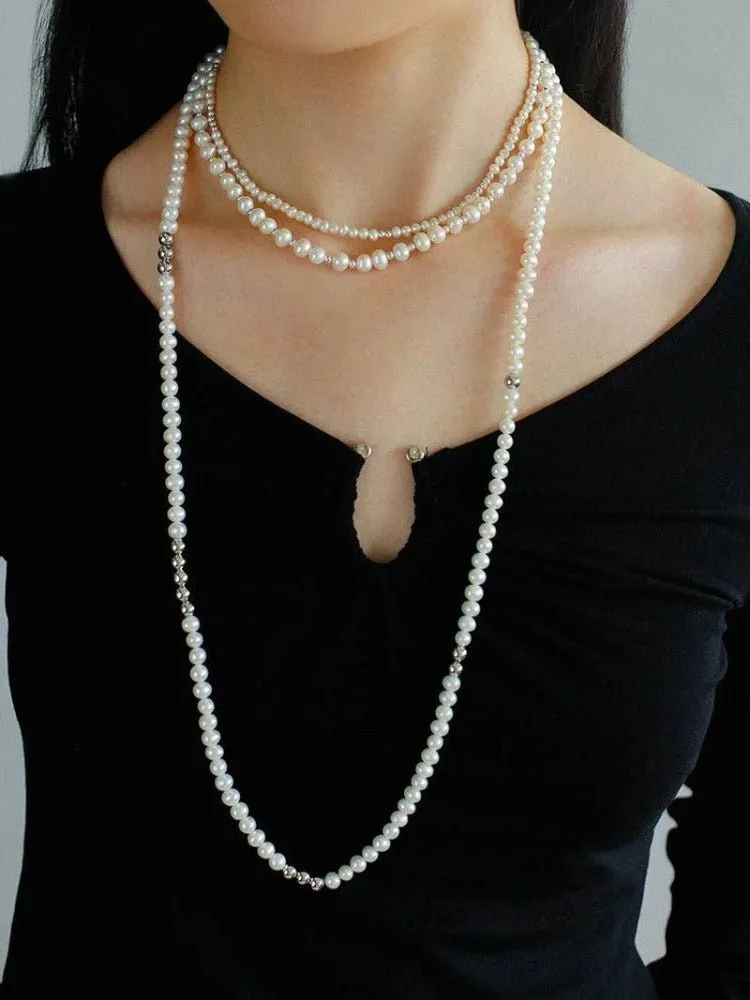 Fashion Freshwater Pearl Long Silver Necklace