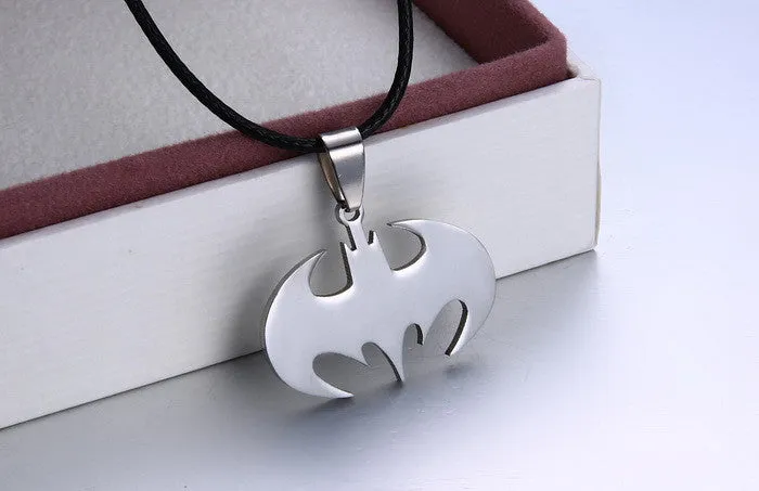 Fashion Jewelry Slippy Bat Batman Sign Pendant 316L Stainless Steel Necklaces leather chain Mens Necklaces