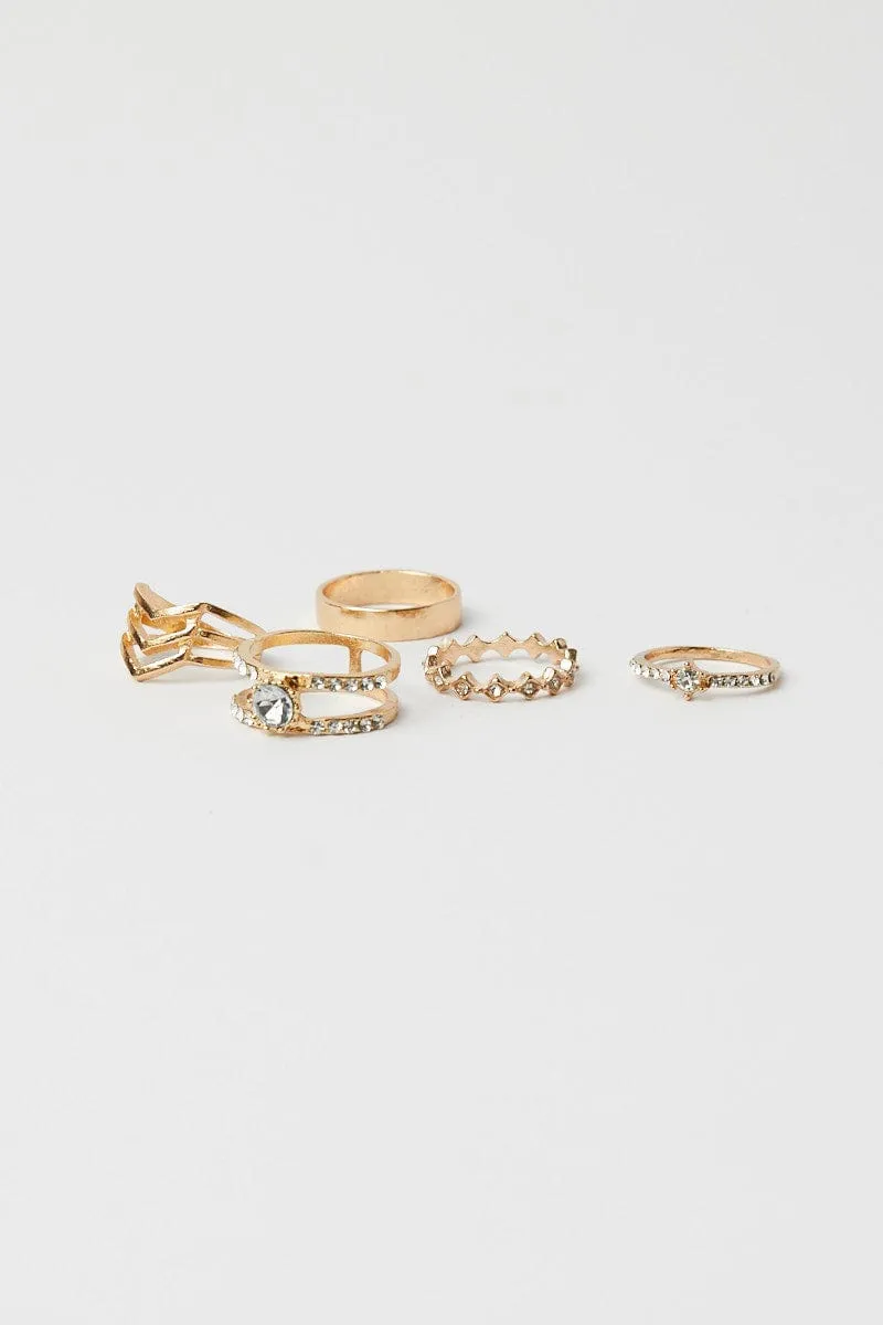 Gold 5 pack Rings with Rhinestones Detail