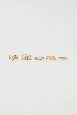 Gold 5 pack Rings with Rhinestones Detail