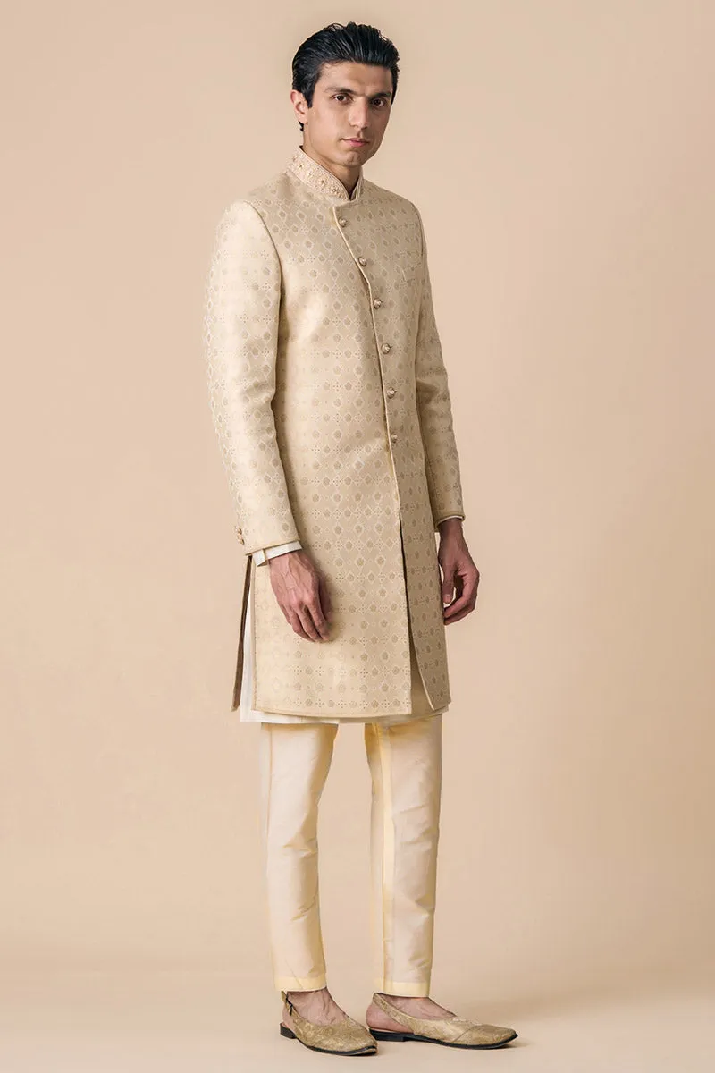 Gold Brocade Achkan With Embroidered Collar