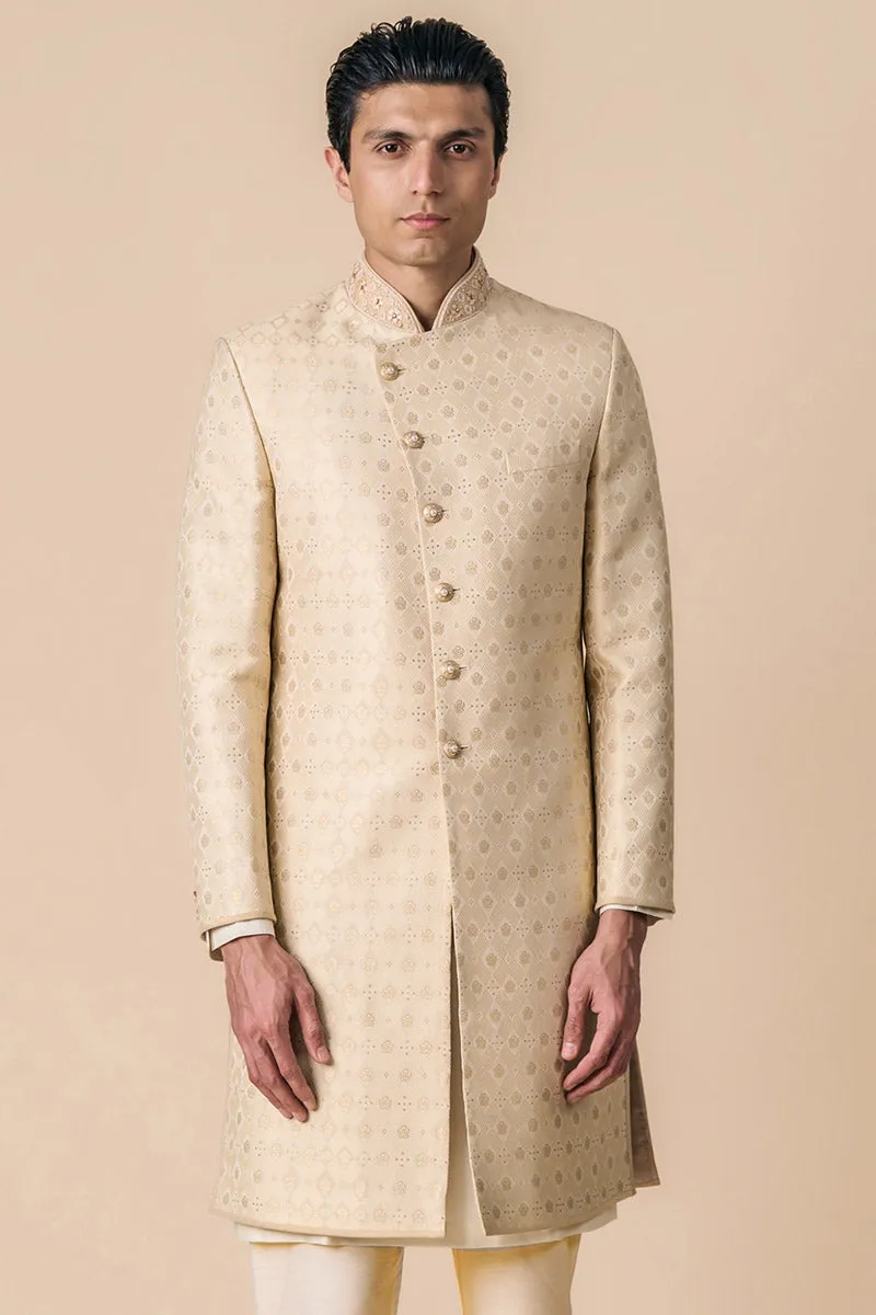 Gold Brocade Achkan With Embroidered Collar