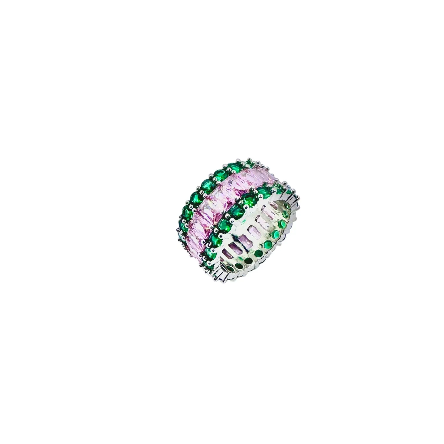 Green Emerald and Pink Sapphire Cluster Eternity Ring