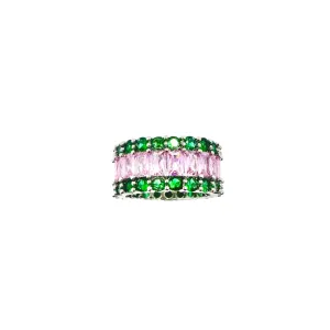 Green Emerald and Pink Sapphire Cluster Eternity Ring