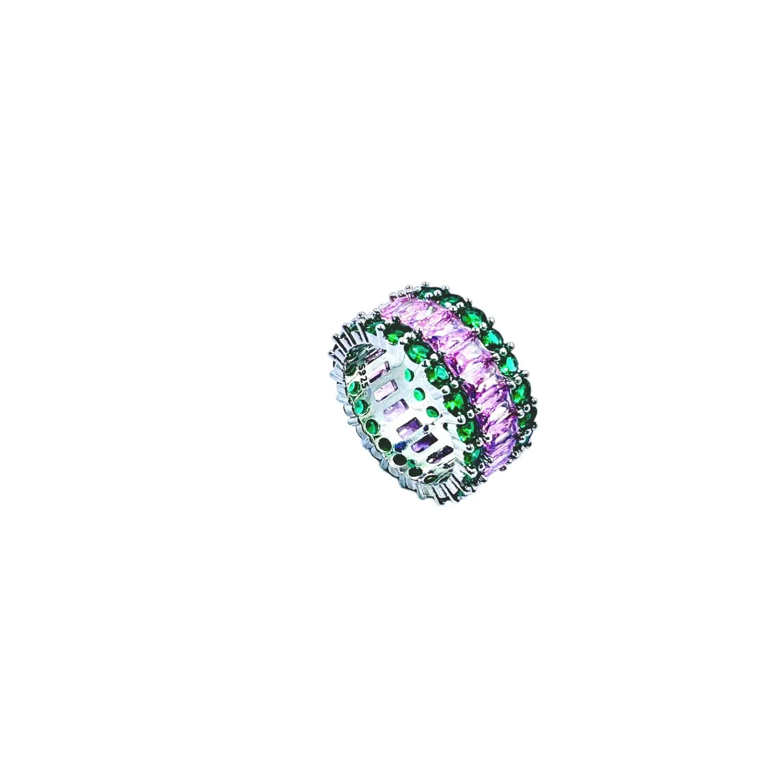 Green Emerald and Pink Sapphire Cluster Eternity Ring