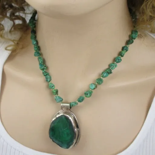 Green Turquoise Nugget &  Agate Pendant Necklace & Earrings