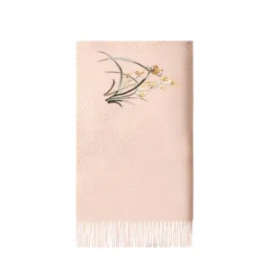 Handcrafted Embroidery Premium 100% Wool Cashmere Scarf Orchid 180x30cm