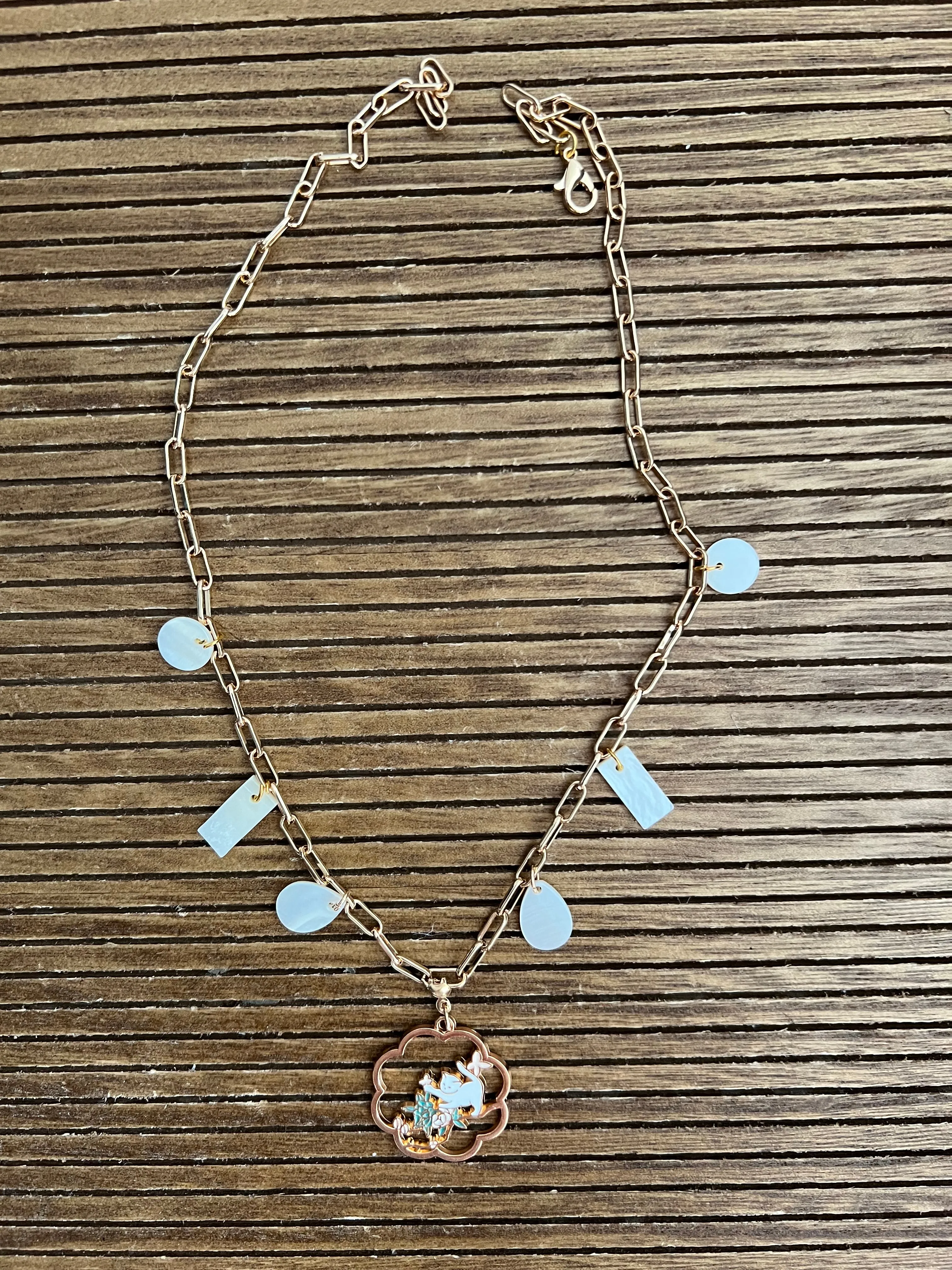 Handmade Chain Necklace with Cat and Natural Shell Charms