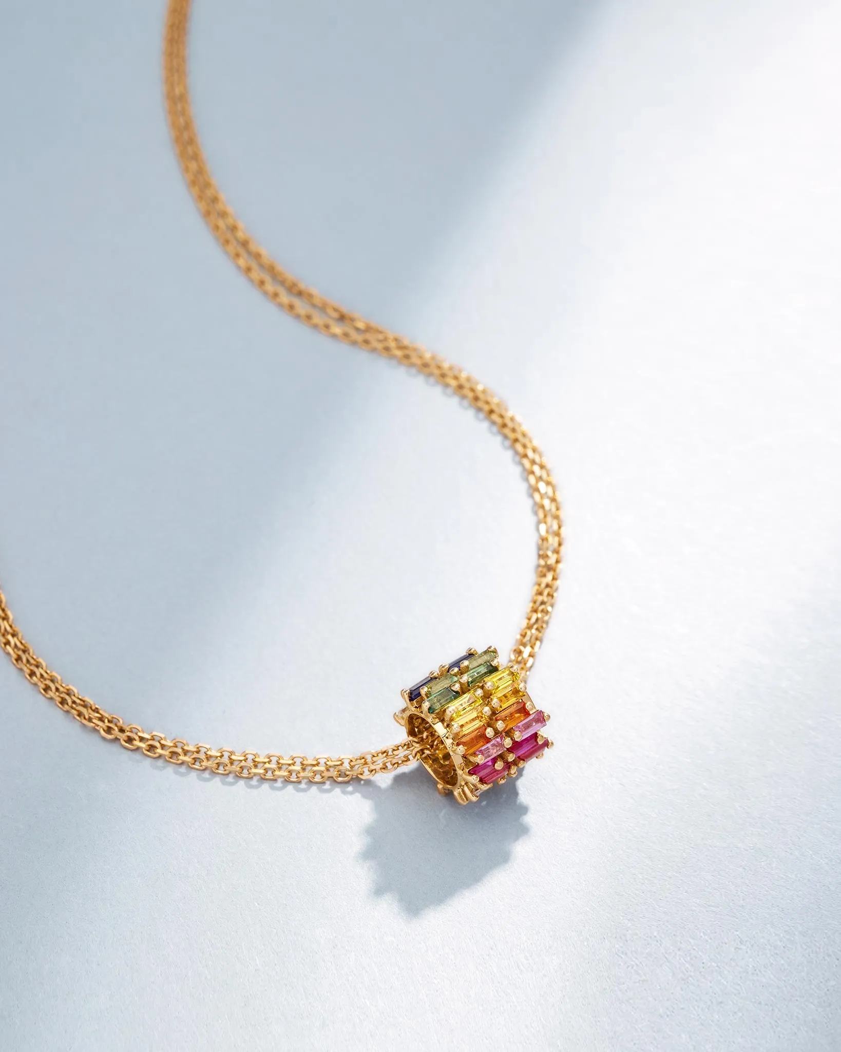 Infinite Double Row Rainbow Sapphire & Diamond Rondelle Pendant