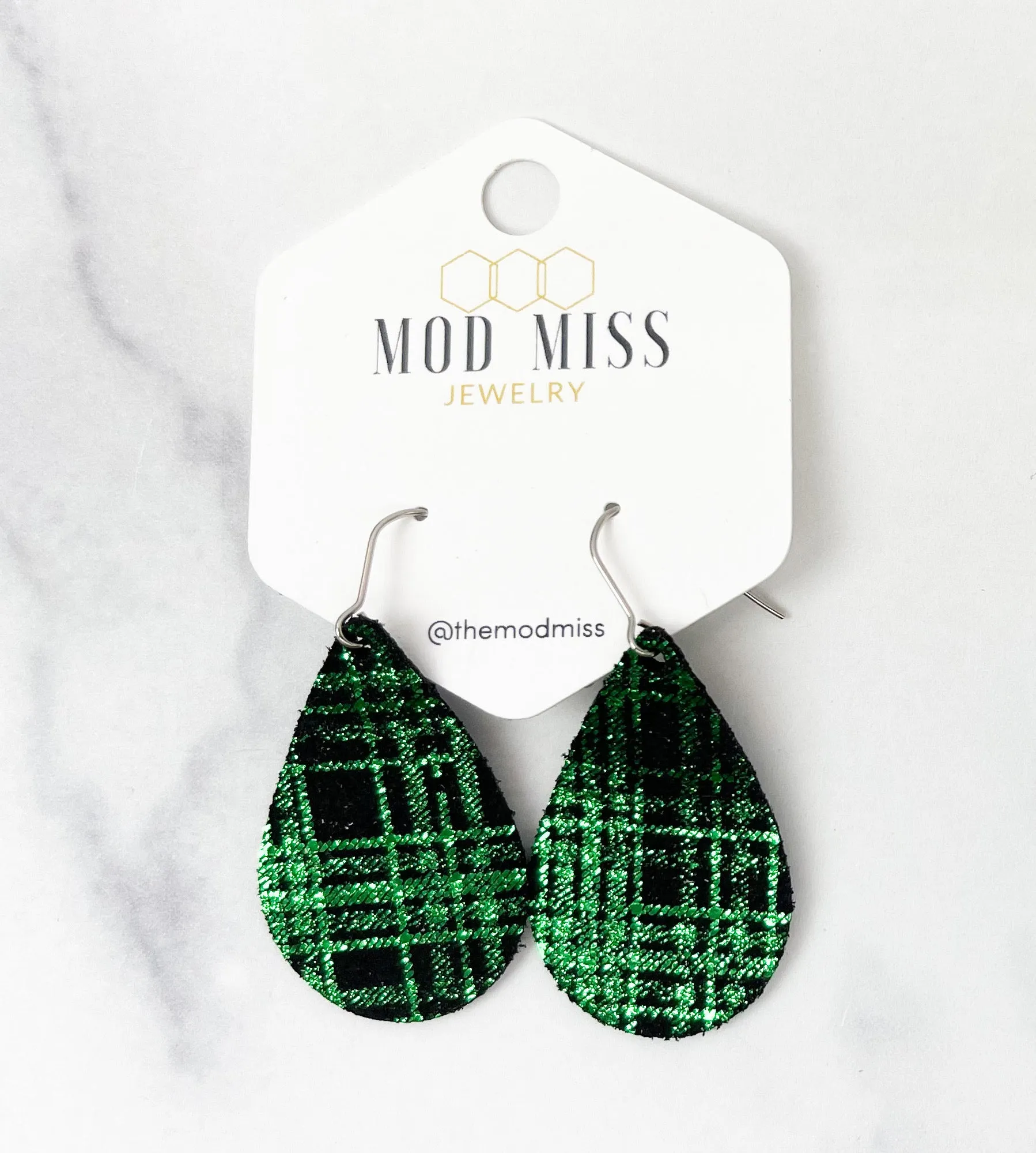 Leather Teardrop Earring "Buffalo Plaid Green Shiny"