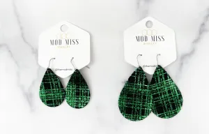 Leather Teardrop Earring "Buffalo Plaid Green Shiny"