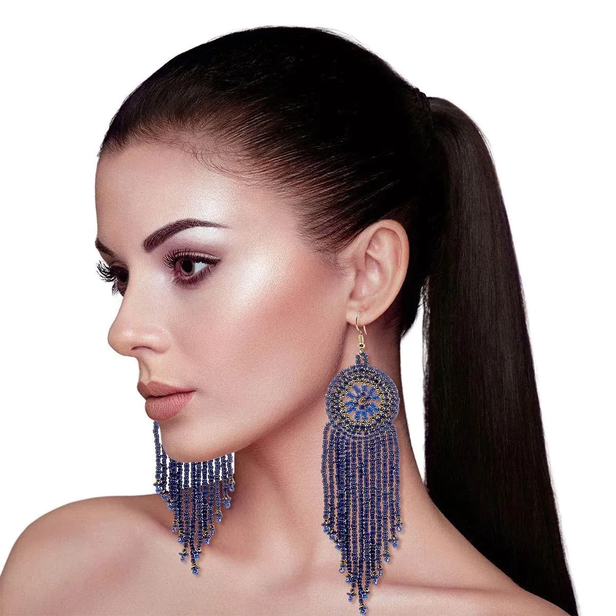 Long Dangle Bead Fringe Earrings Blue Seeds