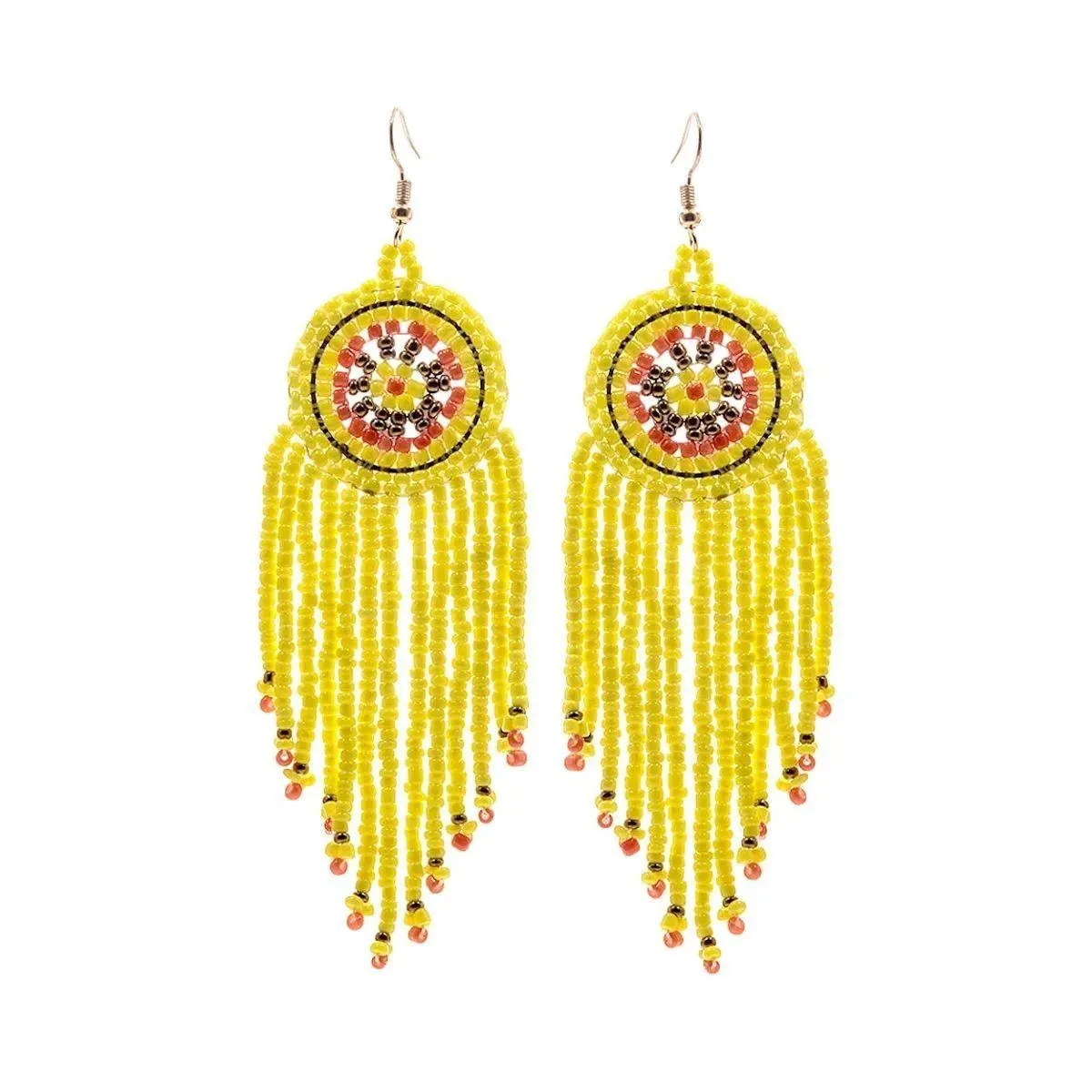 Long Dangle Bead Fringe Earrings Yellow Seeds