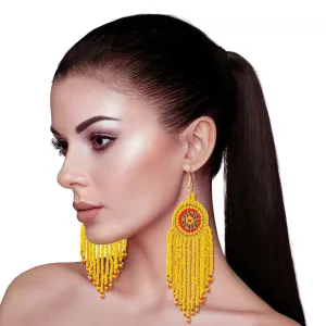 Long Dangle Bead Fringe Earrings Yellow Seeds