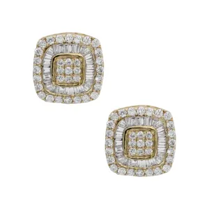 Men's Double Halo Baguette Cluster Diamond Stud Earrings 0.69ct 10K Yellow Gold