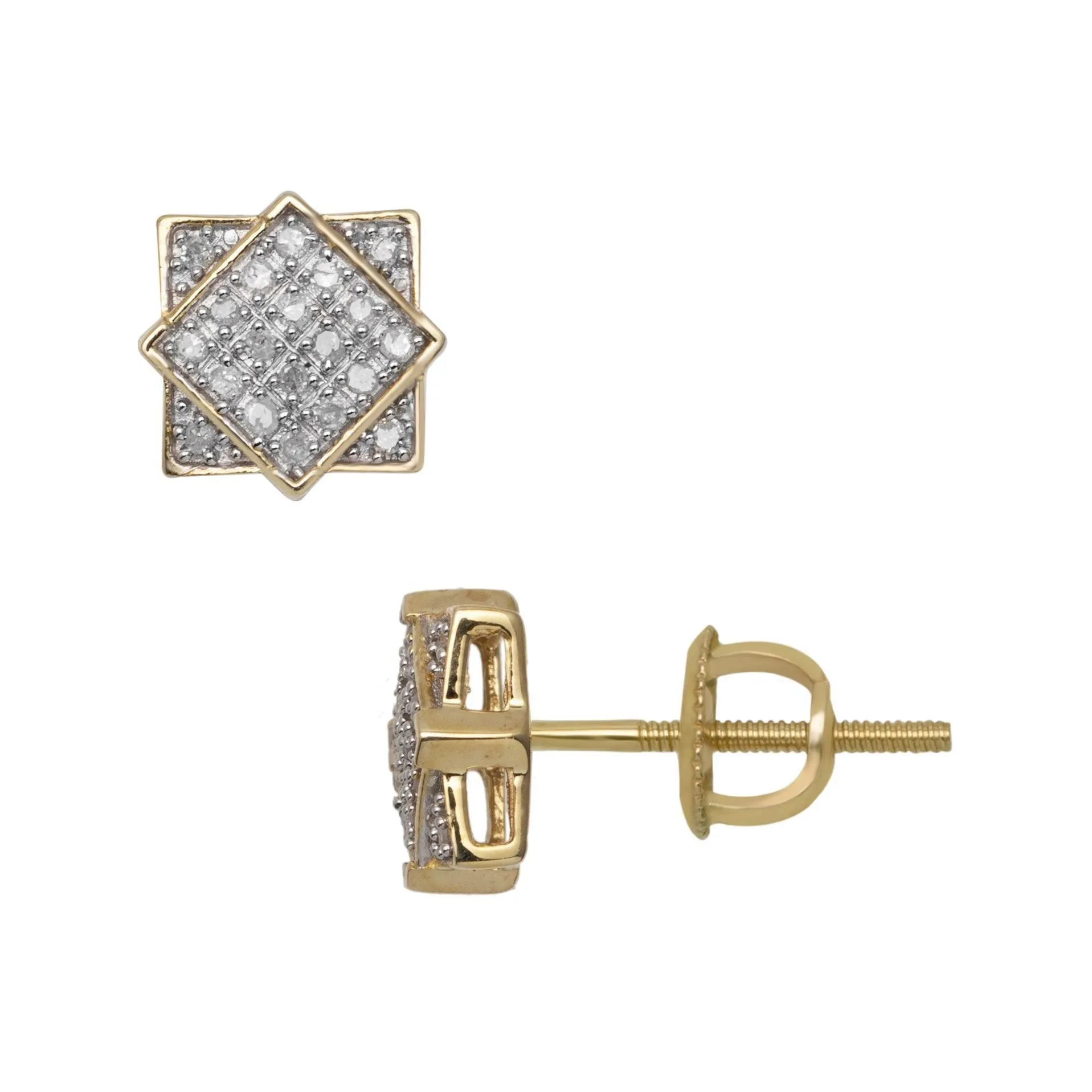 Men's Square Frame Design Micro-Pavé Diamond Stud Earrings 0.19ct 10K Yellow Gold