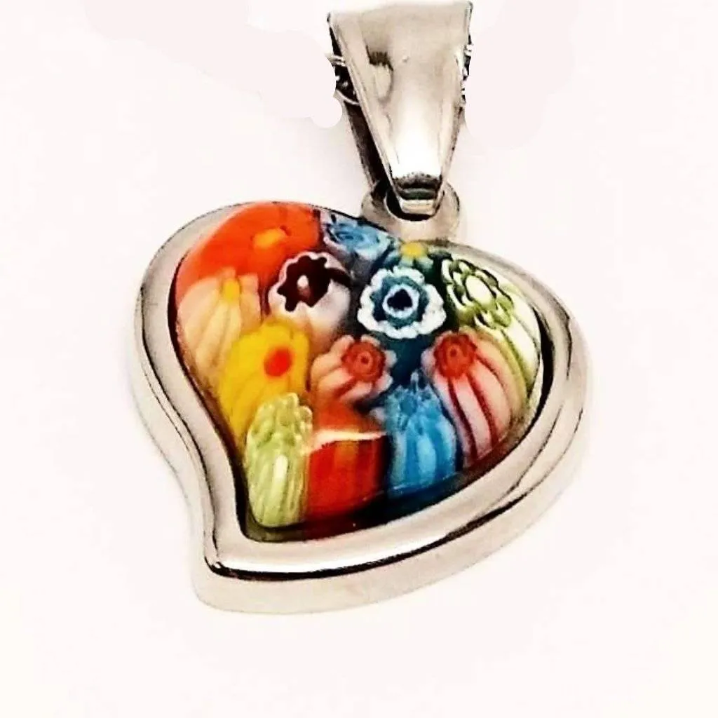 Millefiore Italian Glass Heart Charm Necklace