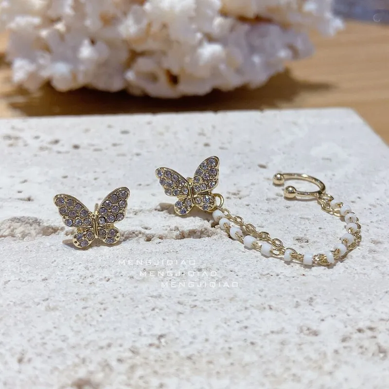 Mini Butterfly Chain Earrings | Rhinestone Butterfly Threader Earrings | Shiny Butterfly Stud | Korean Earrings | Butterfly Ear Cuff Earring