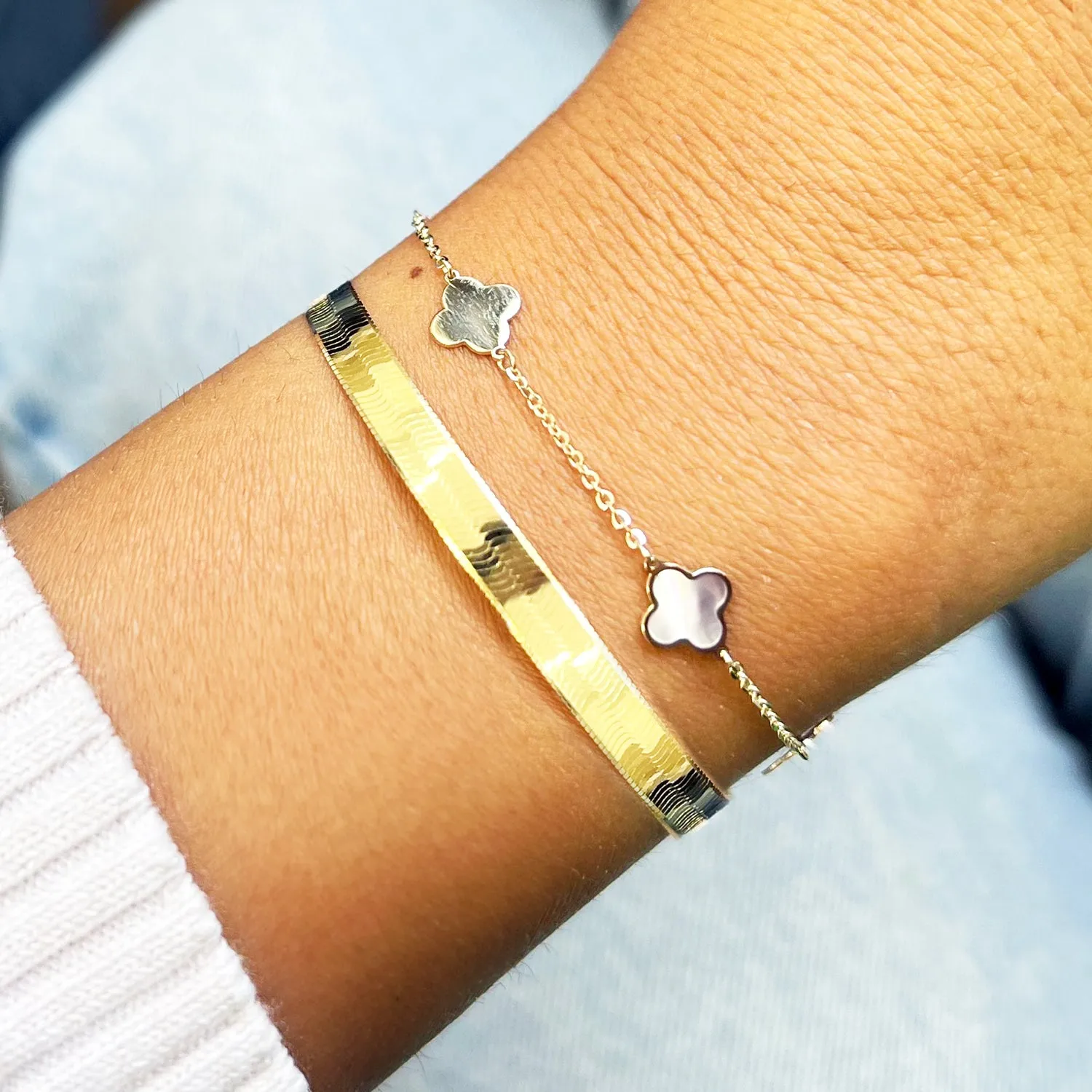 Mini Mother of Pearl and Gold Clover Bracelet