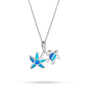 Nautical Blue Opal Sea Turtle Starfish Pendant Necklace in Sterling Silver