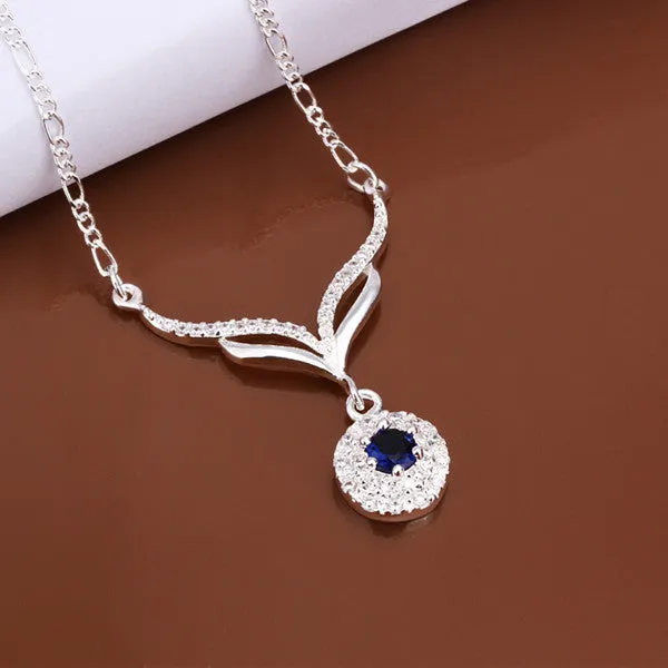 New arrived 925 sterling silver jewelry leafage link round blue stone crystal pendant necklace for women