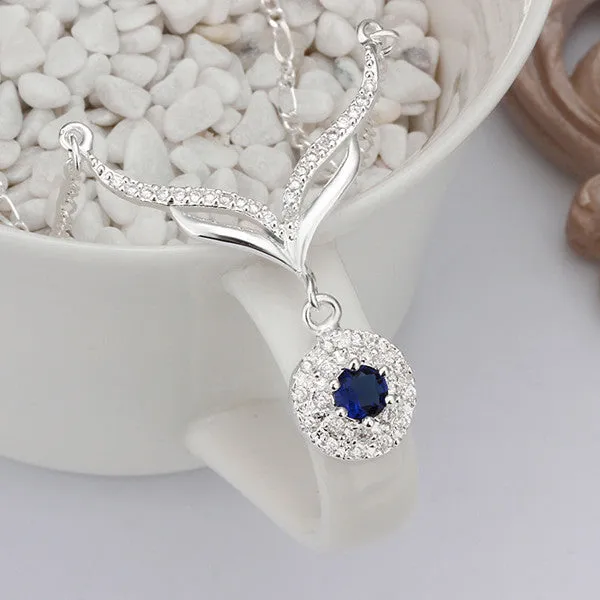 New arrived 925 sterling silver jewelry leafage link round blue stone crystal pendant necklace for women