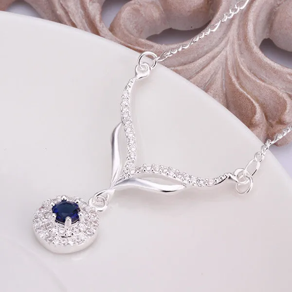 New arrived 925 sterling silver jewelry leafage link round blue stone crystal pendant necklace for women