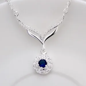 New arrived 925 sterling silver jewelry leafage link round blue stone crystal pendant necklace for women