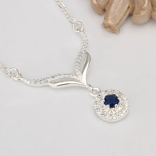 New arrived 925 sterling silver jewelry leafage link round blue stone crystal pendant necklace for women