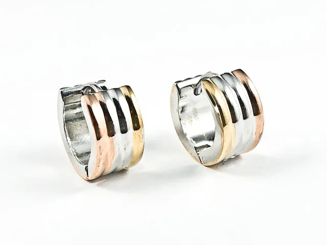 Nice Micro Dainty Tri Color Multi Row Shiny Metallic Huggie Style Steel Earrings