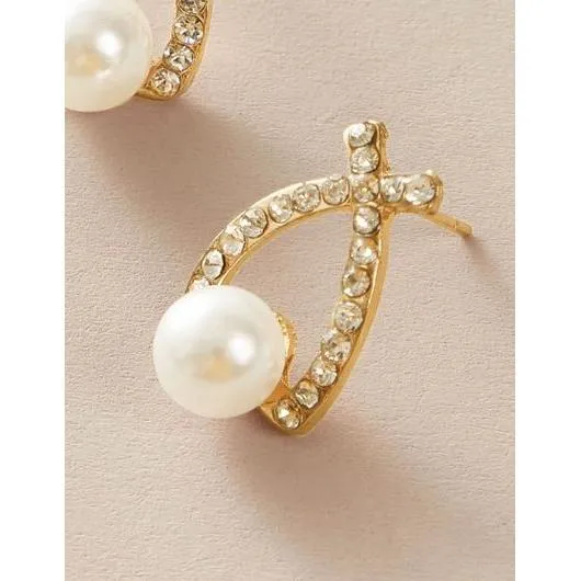 Pearl and Rhinestone Engraved Earrings