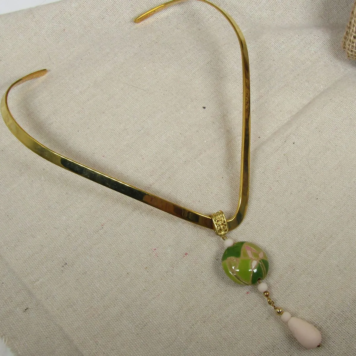 Pink & Green Lotus Flower Handmade Pendant on V-curved Gold Choker