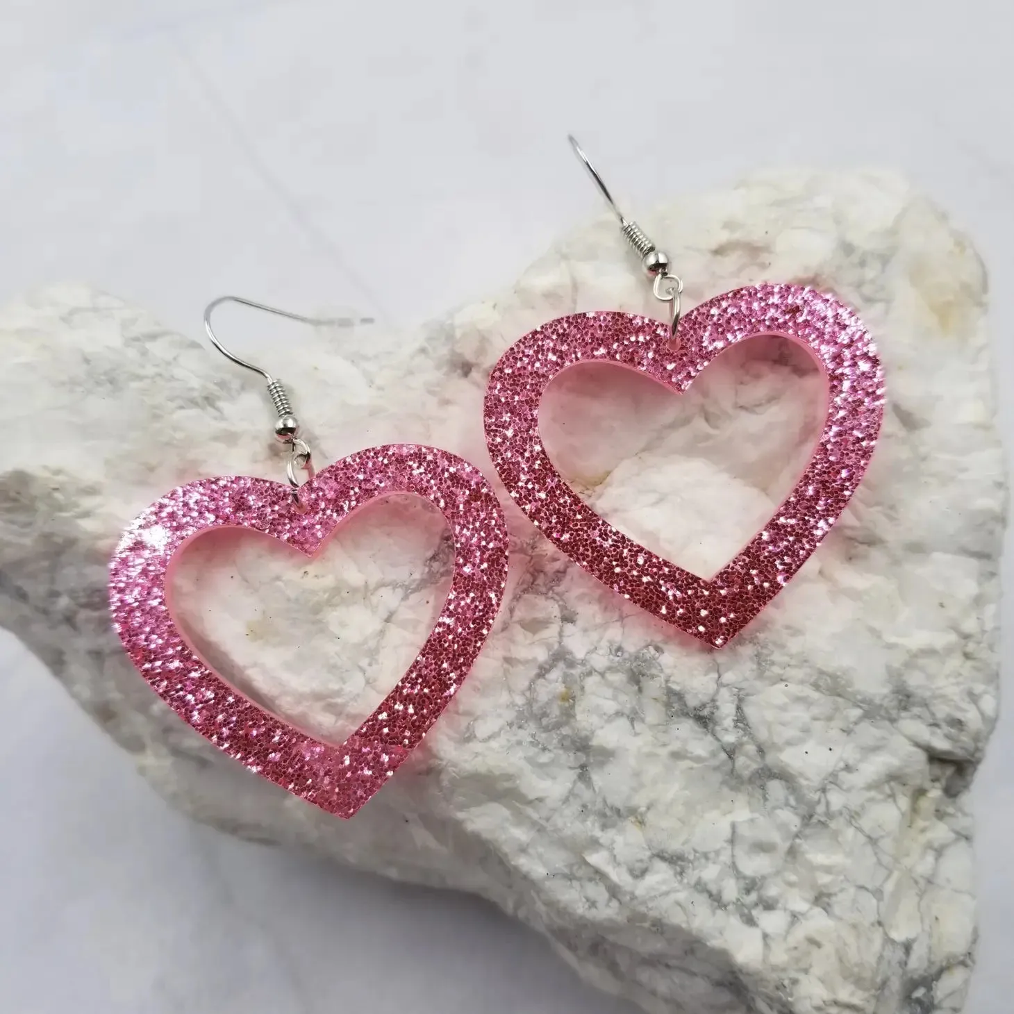 Pink Glitter Heart Dangle Earrings