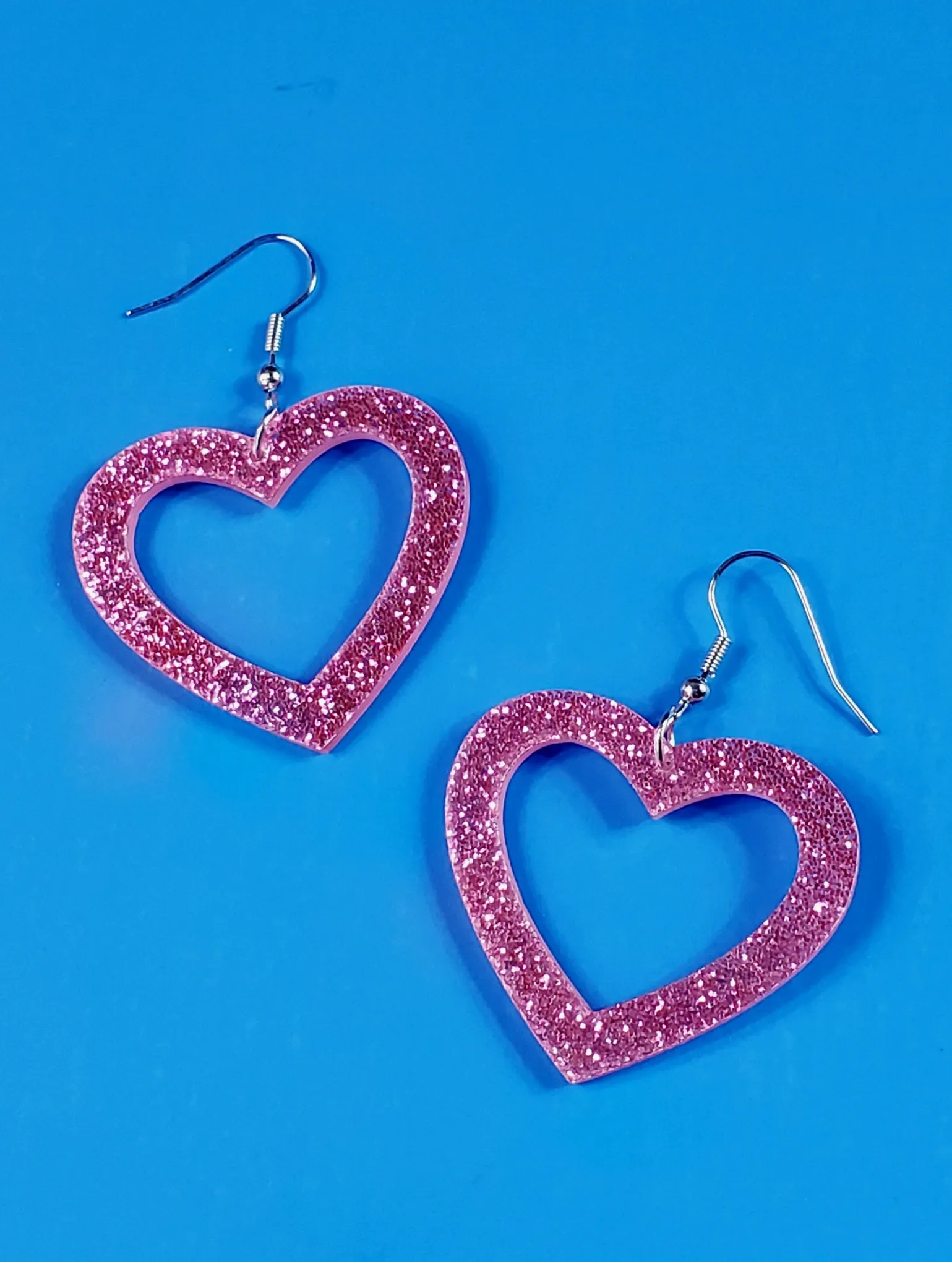 Pink Glitter Heart Dangle Earrings