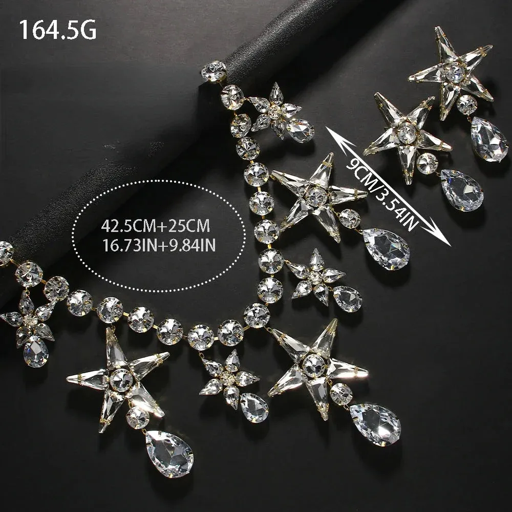 Pre Order:  Rhinestone Star Water Drop Dangle Necklace   Earrings Set