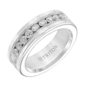 RENFRED  Flat Tungsten Carbide Wedding Band with Satin Finished Silver Inlay and Large Channel Set Diamonds by Triton Rings - 8 mm