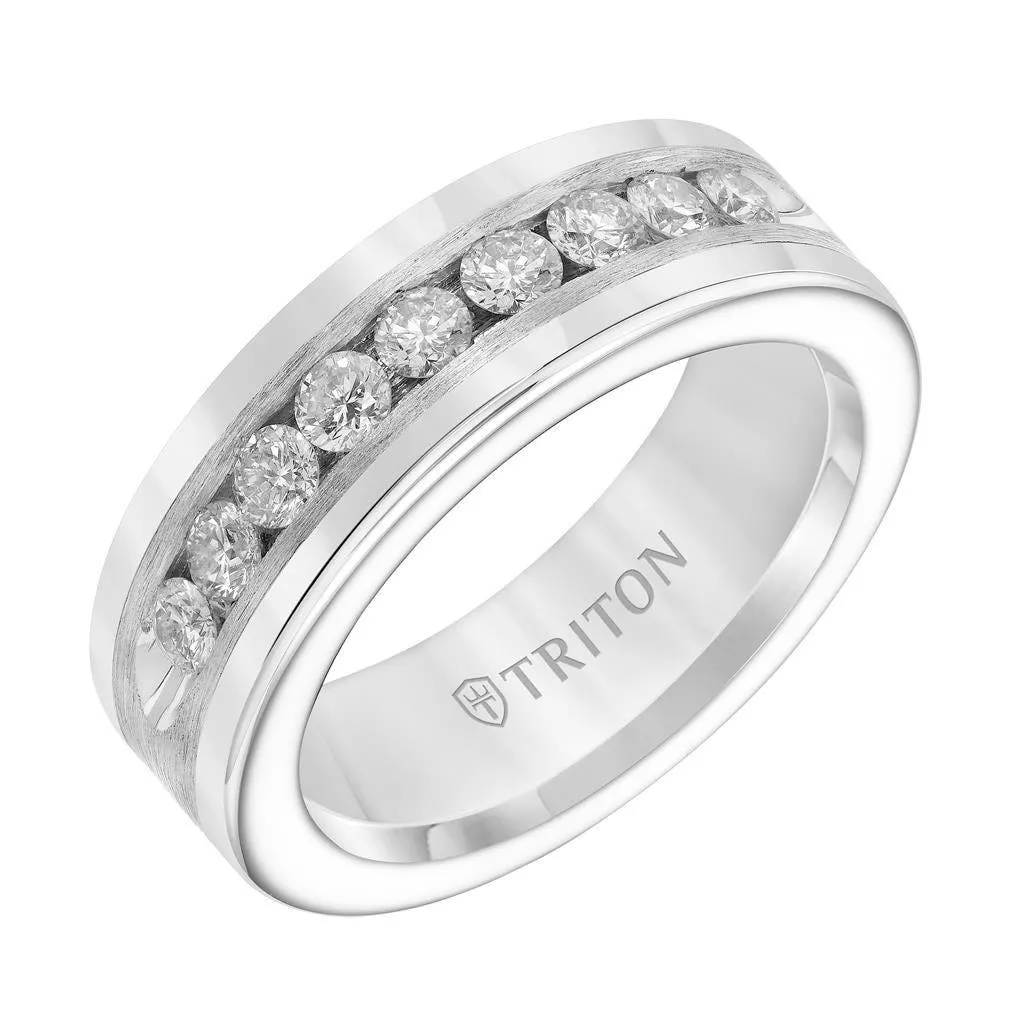 RENFRED  Flat Tungsten Carbide Wedding Band with Satin Finished Silver Inlay and Large Channel Set Diamonds by Triton Rings - 8 mm