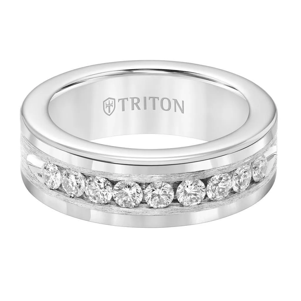 RENFRED  Flat Tungsten Carbide Wedding Band with Satin Finished Silver Inlay and Large Channel Set Diamonds by Triton Rings - 8 mm