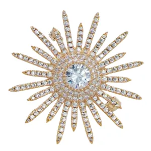 Shinny Gold Tone Micro Pave CZ Round Starburst Pin Brooches Collar Lapel Atomic Jewelry