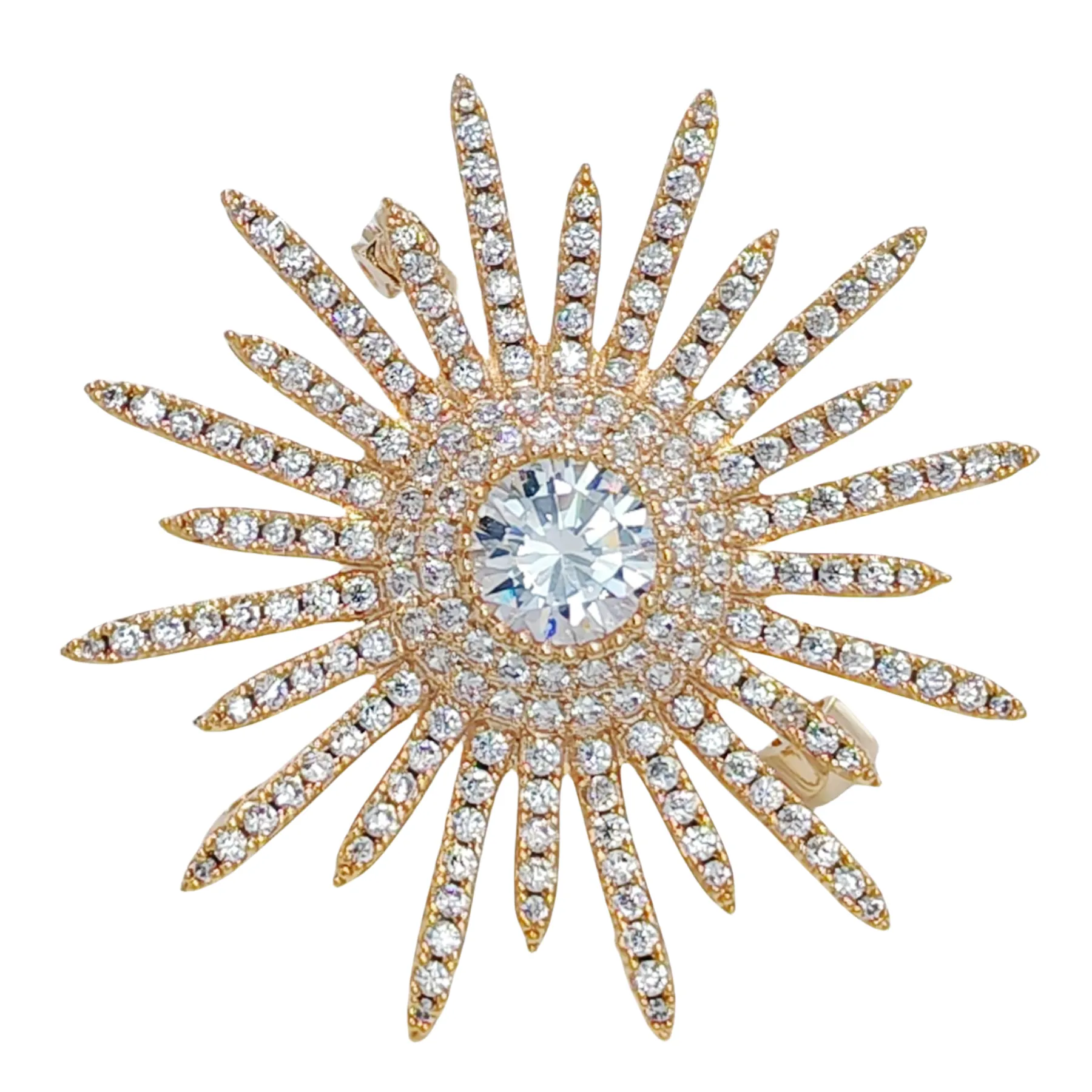 Shinny Gold Tone Micro Pave CZ Round Starburst Pin Brooches Collar Lapel Atomic Jewelry