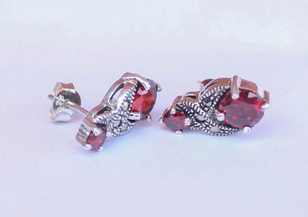 Shiny Garnet Inlaid Sterling Silver Earrings