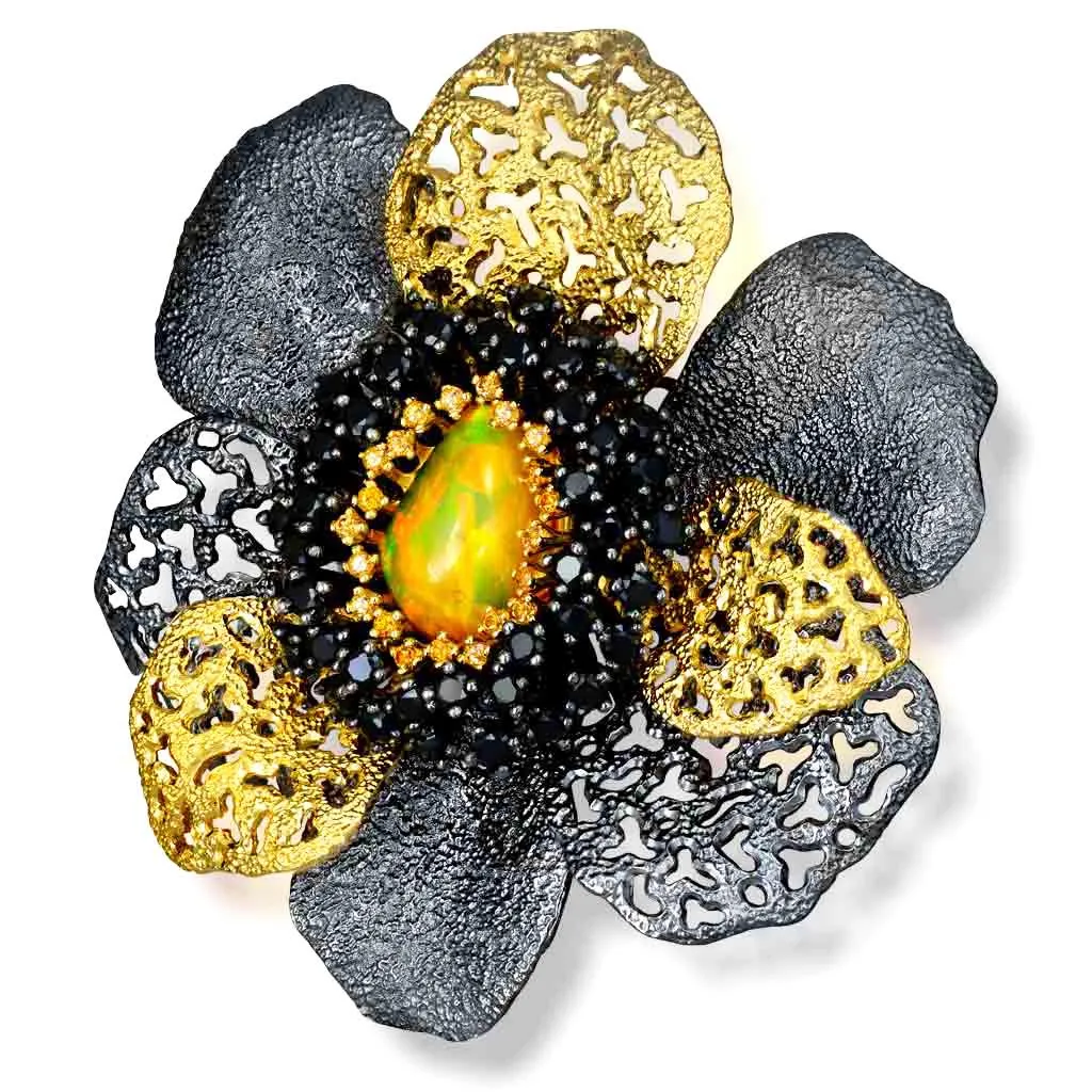 Silver Coronaria Brooch Pendant with Opal & Spinel