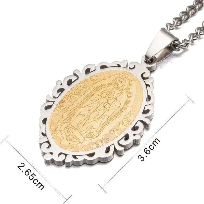 Silver Gold Tone Stainless Steel Oval Our Lady of Guadalupe Saint Mary Pendant Necklace Curb Chain 60 CM Long