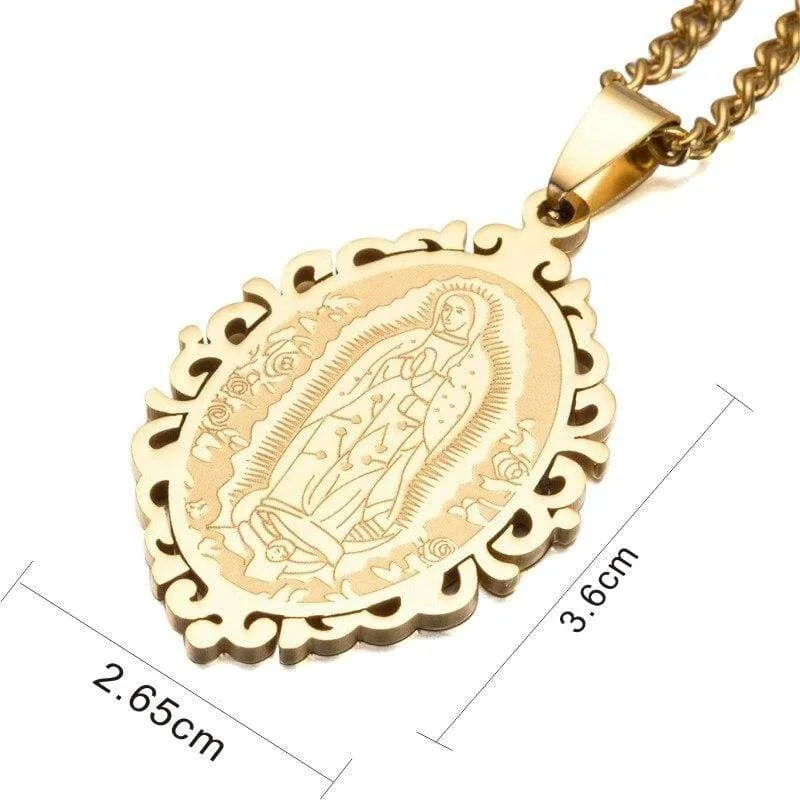 Silver Gold Tone Stainless Steel Oval Our Lady of Guadalupe Saint Mary Pendant Necklace Curb Chain 60 CM Long