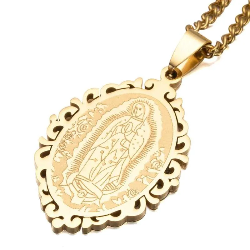 Silver Gold Tone Stainless Steel Oval Our Lady of Guadalupe Saint Mary Pendant Necklace Curb Chain 60 CM Long