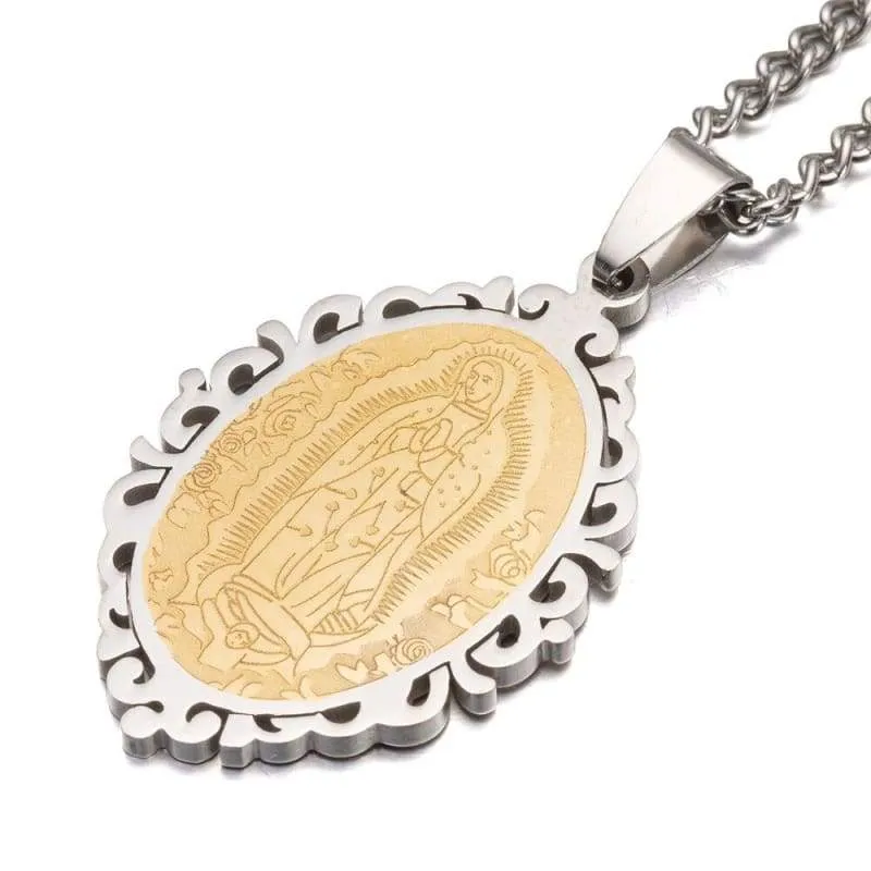 Silver Gold Tone Stainless Steel Oval Our Lady of Guadalupe Saint Mary Pendant Necklace Curb Chain 60 CM Long