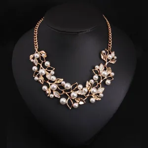 Simulated Pearl Necklaces & Pendants Gold Plated Leaves Statement Necklace Women Collares Ethnic Jewelry for Personalized Gifts