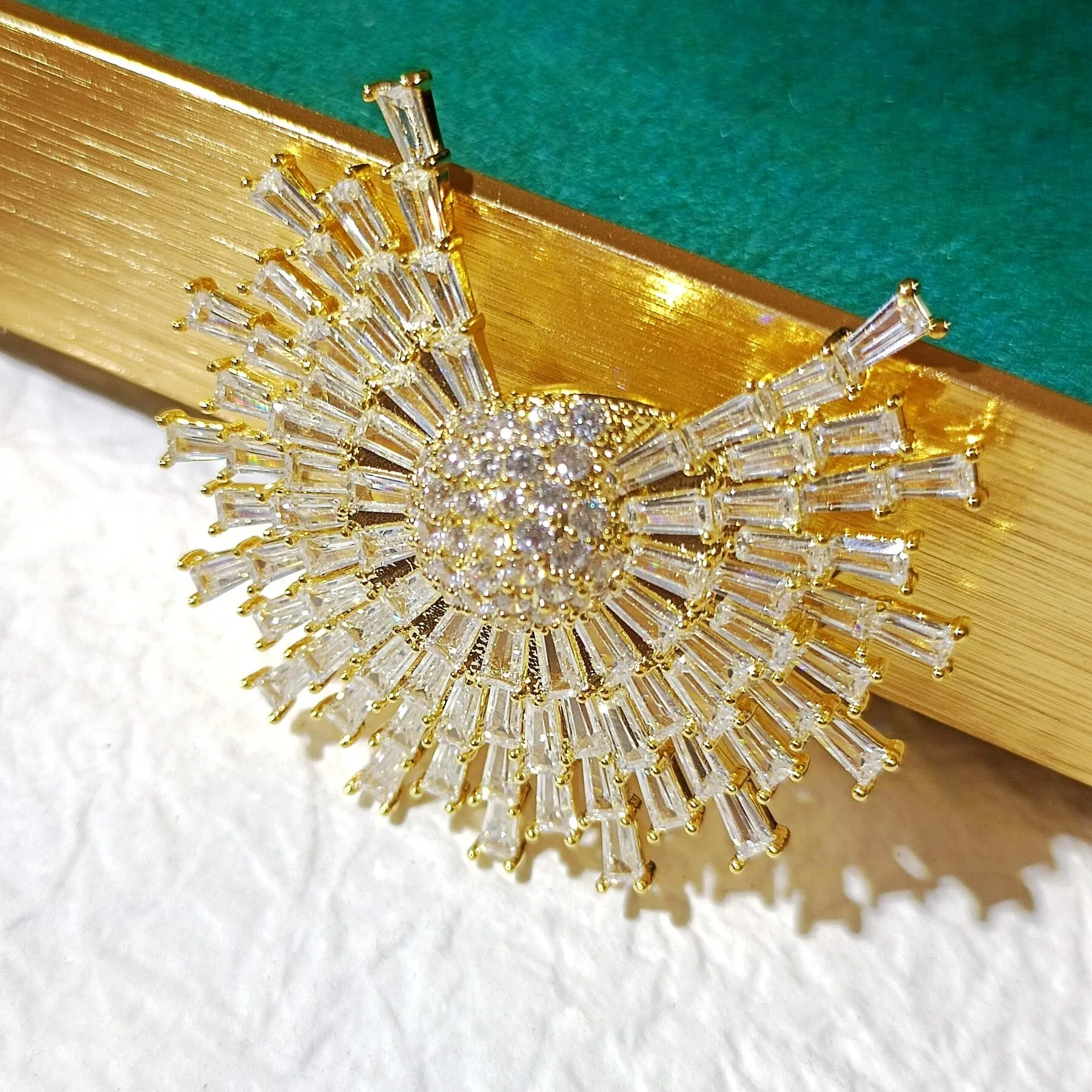 Sparkles Gold Tone Baguette Cut Cubic Zircon Sunshine Spike Brooch Pin Designer Jewelry