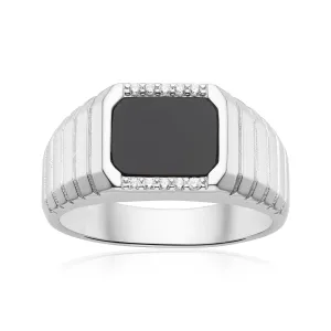 Sterling Silver Round Cut Cubic Zirconia and Black Agate Rhodium Plated Ring